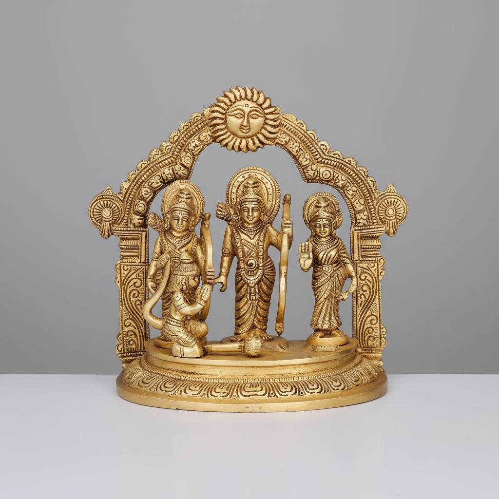 Brass ram Darbar Statue with Sun arc, Lord ram, Sita,Lakshman,Hanuman Idol for Temple/showpiece, Golden